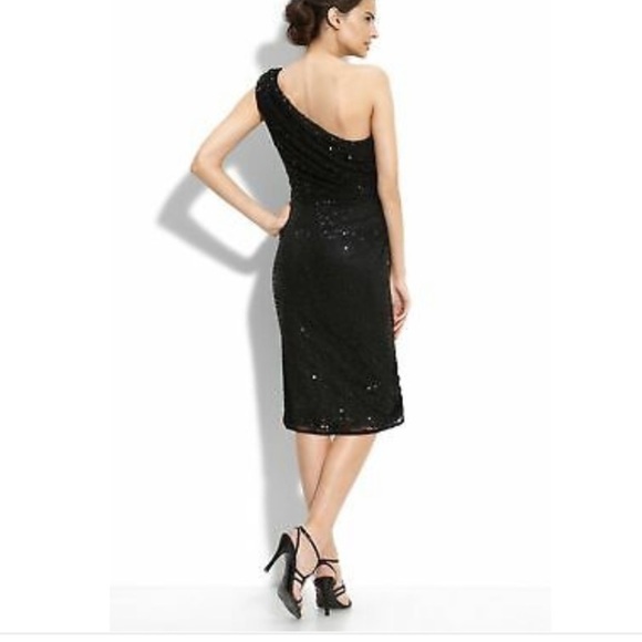 TADASHI SHOJI Black Mesh Sequin One Shoulder Dress size large Holiday New Years - Picture 2 of 10